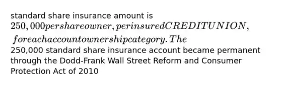 standard share insurance amount is 250,000 per share owner, per insured CREDIT UNION, for each account ownership category. The250,000 standard share insurance account became permanent through the Dodd-Frank Wall Street Reform and Consumer Protection Act of 2010