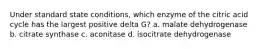 Under standard state conditions, which enzyme of the citric acid cycle has the largest positive delta G? a. malate dehydrogenase b. citrate synthase c. aconitase d. isocitrate dehydrogenase