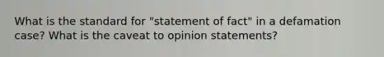 What is the standard for "statement of fact" in a defamation case? What is the caveat to opinion statements?