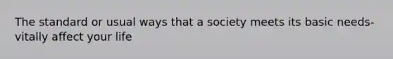 The standard or usual ways that a society meets its basic needs-vitally affect your life