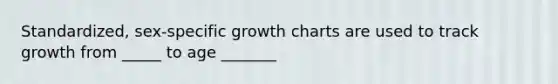 Standardized, sex-specific growth charts are used to track growth from _____ to age _______