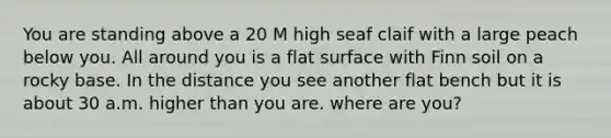 You are standing above a 20 M high seaf claif with a large peach below you. All around you is a <a href='https://www.questionai.com/knowledge/kOWiejdjxQ-flat-surface' class='anchor-knowledge'>flat surface</a> with Finn soil on a rocky base. In the distance you see another flat bench but it is about 30 a.m. higher than you are. where are you?