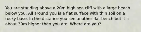 You are standing above a 20m high sea cliff with a large beach below you. All around you is a <a href='https://www.questionai.com/knowledge/kOWiejdjxQ-flat-surface' class='anchor-knowledge'>flat surface</a> with thin soil on a rocky base. In the distance you see another flat bench but it is about 30m higher than you are. Where are you?