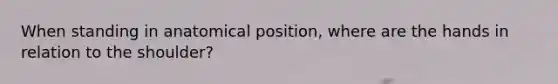 When standing in anatomical position, where are the hands in relation to the shoulder?