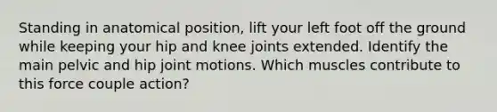 Standing in anatomical position, lift your left foot off the ground while keeping your hip and knee joints extended. Identify the main pelvic and hip joint motions. Which muscles contribute to this force couple action?