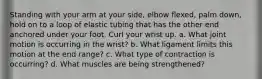 Standing with your arm at your side, elbow flexed, palm down, hold on to a loop of elastic tubing that has the other end anchored under your foot. Curl your wrist up. a. What joint motion is occurring in the wrist? b. What ligament limits this motion at the end range? c. What type of contraction is occurring? d. What muscles are being strengthened?