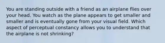 You are standing outside with a friend as an airplane flies over your head. You watch as the plane appears to get smaller and smaller and is eventually gone from your visual field. Which aspect of perceptual constancy allows you to understand that the airplane is not shrinking?