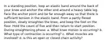 In a standing position, loop an elastic band around the back of your knee and anchor the other end around a heavy table leg. Face the anchor point and be far enough away so that there is sufficient tension in the elastic band. From a partly flexed position, slowly straighten the knee, and keep the foot on the floor. Hold the count of five and then return to start position. During straightening phase: a. What knee motion is occurring? b. What type of contraction is occurring? c. What muscles are involved? d. Is this an open or closed chain activity?