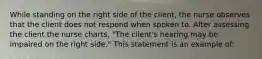 While standing on the right side of the client, the nurse observes that the client does not respond when spoken to. After assessing the client the nurse charts, "The client's hearing may be impaired on the right side." This statement is an example of: