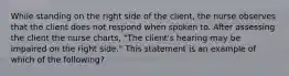 While standing on the right side of the client, the nurse observes that the client does not respond when spoken to. After assessing the client the nurse charts, "The client's hearing may be impaired on the right side." This statement is an example of which of the following?