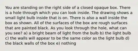 You are standing on the right side of a closed opaque box. There is a hole through which you can look inside. The drawing shows a small light bulb inside that is on. There is also a wall inside the box as shown. All of the surfaces of the box are rough surfaces that are painted black. As you look through the hole, what can you see? a) a bright beam of light from the bulb b) the light bulb c) the walls will appear to be the same color as the light bulb d) the black walls of the box e) nothing