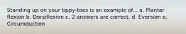 Standing up on your tippy-toes is an example of... a. Plantar flexion b. Dorsiflexion c. 2 answers are correct. d. Eversion e. Circumduction