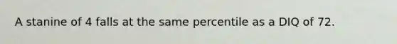 A stanine of 4 falls at the same percentile as a DIQ of 72.