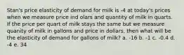 Stan's price elasticity of demand for milk is -4 at today's prices when we measure price ind olars and quantity of milk in quarts. If the price per quart of milk stays the same but we measure quanity of milk in gallons and price in dollars, then what will be the elasticity of demand for gallons of milk? a. -16 b. -1 c. -0.4 d. -4 e. 34