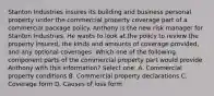 Stanton Industries insures its building and business personal property under the commercial property coverage part of a commercial package policy. Anthony is the new risk manager for Stanton Industries. He wants to look at the policy to review the property insured, the kinds and amounts of coverage provided, and any optional coverages. Which one of the following component parts of the commercial property part would provide Anthony with this information? Select one: A. Commercial property conditions B. Commercial property declarations C. Coverage form D. Causes of loss form