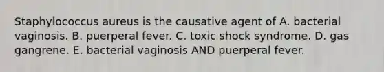 Staphylococcus aureus is the causative agent of A. bacterial vaginosis. B. puerperal fever. C. toxic shock syndrome. D. gas gangrene. E. bacterial vaginosis AND puerperal fever.