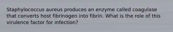 Staphylococcus aureus produces an enzyme called coagulase that converts host fibrinogen into fibrin. What is the role of this virulence factor for infection?