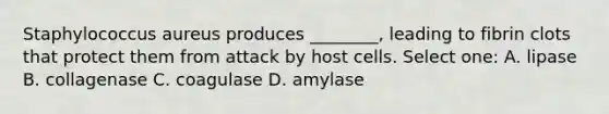 Staphylococcus aureus produces ________, leading to fibrin clots that protect them from attack by host cells. Select one: A. lipase B. collagenase C. coagulase D. amylase