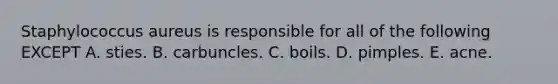 Staphylococcus aureus is responsible for all of the following EXCEPT A. sties. B. carbuncles. C. boils. D. pimples. E. acne.