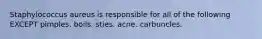 Staphylococcus aureus is responsible for all of the following EXCEPT pimples. boils. sties. acne. carbuncles.