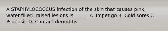 A STAPHYLOCOCCUS infection of the skin that causes pink, water-filled, raised lesions is _____. A. Impetigo B. Cold sores C. Psoriasis D. Contact dermititis