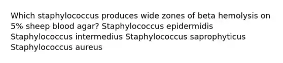 Which staphylococcus produces wide zones of beta hemolysis on 5% sheep blood agar? Staphylococcus epidermidis Staphylococcus intermedius Staphylococcus saprophyticus Staphylococcus aureus