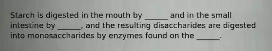 Starch is digested in the mouth by ______ and in the small intestine by ______, and the resulting disaccharides are digested into monosaccharides by enzymes found on the ______.