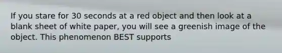 If you stare for 30 seconds at a red object and then look at a blank sheet of white paper, you will see a greenish image of the object. This phenomenon BEST supports