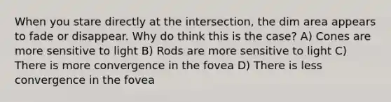 When you stare directly at the intersection, the dim area appears to fade or disappear. Why do think this is the case? A) Cones are more sensitive to light B) Rods are more sensitive to light C) There is more convergence in the fovea D) There is less convergence in the fovea