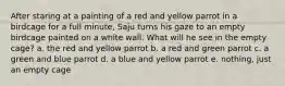 After staring at a painting of a red and yellow parrot in a birdcage for a full minute, Saju turns his gaze to an empty birdcage painted on a white wall. What will he see in the empty cage? a. the red and yellow parrot b. a red and green parrot c. a green and blue parrot d. a blue and yellow parrot e. nothing, just an empty cage