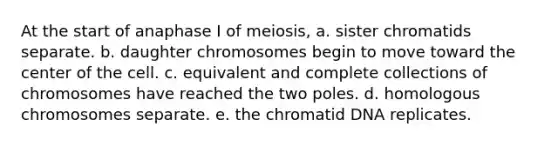 At the start of anaphase I of meiosis, a. sister chromatids separate. b. daughter chromosomes begin to move toward the center of the cell. c. equivalent and complete collections of chromosomes have reached the two poles. d. homologous chromosomes separate. e. the chromatid DNA replicates.