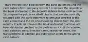 - start with the cash balance from the bank statement and the cash balance from company records 1) compare the deposits on the bank statement to the deposits debited to the cash account 2) compare the paid (cancelled) checks that are electronically returned with the bank statement to amounts credited to the cash account and the list of outstanding checks from the prior months 3) look for items on the bank statement that have not been debited or credited to the cash account 4) if the adjusted cash balances are still not the same, search for errors, like transpositions or addition and subtraction errors to the wrong cash balance