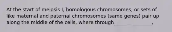 At the start of meiosis I, homologous chromosomes, or sets of like maternal and paternal chromosomes (same genes) pair up along the middle of the cells, where through_______ ________,