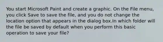 You start Microsoft Paint and create a graphic. On the File menu, you click Save to save the file, and you do not change the location option that appears in the dialog box.In which folder will the file be saved by default when you perform this basic operation to save your file?