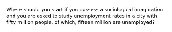 Where should you start if you possess a sociological imagination and you are asked to study unemployment rates in a city with fifty million people, of which, fifteen million are unemployed?