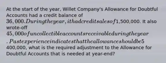 At the start of the year, Willet Company's Allowance for Doubtful Accounts had a credit balance of 36,000. During the year, it had credit sales of1,500,000. It also wrote-off 45,000 of uncollectible accounts receivable during the year. Past experience indicates that the allowance should be 5% of the balance in receivables. If the accounts receivable balance at December 31 was400,000, what is the required adjustment to the Allowance for Doubtful Accounts that is needed at year-end?