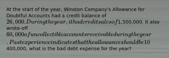 At the start of the year, Winston Company's Allowance for Doubtful Accounts had a credit balance of 26,000. During the year, it had credit sales of1,500,000. It also wrote-off 60,000 of uncollectible accounts receivable during the year. Past experience indicates that the allowance should be 10% of the balance in receivables. If the accounts receivable balance at December 31 was400,000, what is the bad debt expense for the year?