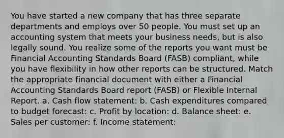 You have started a new company that has three separate departments and employs over 50 people. You must set up an accounting system that meets your business needs, but is also legally sound. You realize some of the reports you want must be Financial Accounting Standards Board (FASB) compliant, while you have flexibility in how other reports can be structured. Match the appropriate financial document with either a Financial Accounting Standards Board report (FASB) or Flexible Internal Report. a. Cash flow statement: b. Cash expenditures compared to budget forecast: c. Profit by location: d. Balance sheet: e. Sales per customer: f. Income statement: