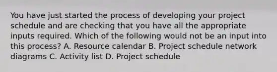 You have just started the process of developing your project schedule and are checking that you have all the appropriate inputs required. Which of the following would not be an input into this process? A. Resource calendar B. Project schedule network diagrams C. Activity list D. Project schedule