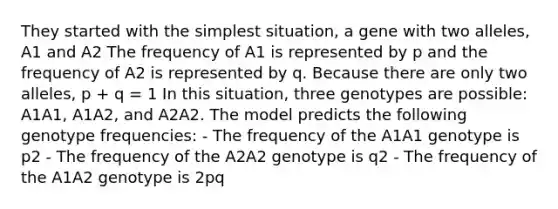 They started with the simplest situation, a gene with two alleles, A1 and A2 The frequency of A1 is represented by p and the frequency of A2 is represented by q. Because there are only two alleles, p + q = 1 In this situation, three genotypes are possible: A1A1, A1A2, and A2A2. The model predicts the following genotype frequencies: - The frequency of the A1A1 genotype is p2 - The frequency of the A2A2 genotype is q2 - The frequency of the A1A2 genotype is 2pq