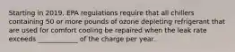 Starting in 2019, EPA regulations require that all chillers containing 50 or more pounds of ozone depleting refrigerant that are used for comfort cooling be repaired when the leak rate exceeds ____________ of the charge per year.