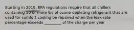 Starting in 2019, EPA regulations require that all chillers containing 50 or more lbs of ozone-depleting refrigerant that are used for comfort cooling be repaired when the leak rate percentage exceeds _________ of the charge per year.