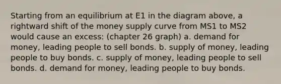 Starting from an equilibrium at E1 in the diagram above, a rightward shift of the money supply curve from MS1 to MS2 would cause an excess: (chapter 26 graph) a. demand for money, leading people to sell bonds. b. supply of money, leading people to buy bonds. c. supply of money, leading people to sell bonds. d. demand for money, leading people to buy bonds.