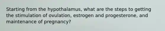 Starting from the hypothalamus, what are the steps to getting the stimulation of ovulation, estrogen and progesterone, and maintenance of pregnancy?