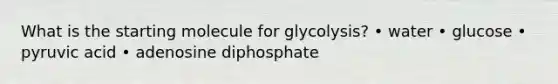 What is the starting molecule for glycolysis? • water • glucose • pyruvic acid • adenosine diphosphate