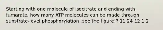 Starting with one molecule of isocitrate and ending with fumarate, how many ATP molecules can be made through substrate-level phosphorylation (see the figure)? 11 24 12 1 2