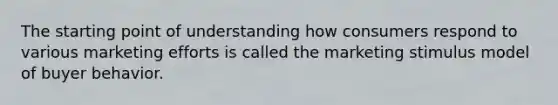 The starting point of understanding how consumers respond to various marketing efforts is called the marketing stimulus model of buyer behavior.