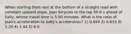 When starting from rest at the bottom of a straight road with constant upward slope, Joan bicycles to the top 50.0 s ahead of Sally, whose travel time is 5.00 minutes. What is the ratio of Joan's acceleration to Sally's acceleration? 1) 0.694 2) 0.833 3) 1.20 4) 1.44 5) 6.0