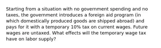 Starting from a situation with no government spending and no​ taxes, the government introduces a foreign aid program​ (in which domestically produced goods are shipped​ abroad) and pays for it with a temporary​ 10% tax on current wages. Future wages are untaxed. What effects will the temporary wage tax have on labor​ supply?