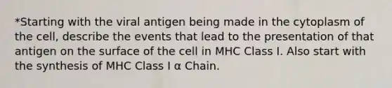 *Starting with the viral antigen being made in the cytoplasm of the cell, describe the events that lead to the presentation of that antigen on the surface of the cell in MHC Class I. Also start with the synthesis of MHC Class I α Chain.